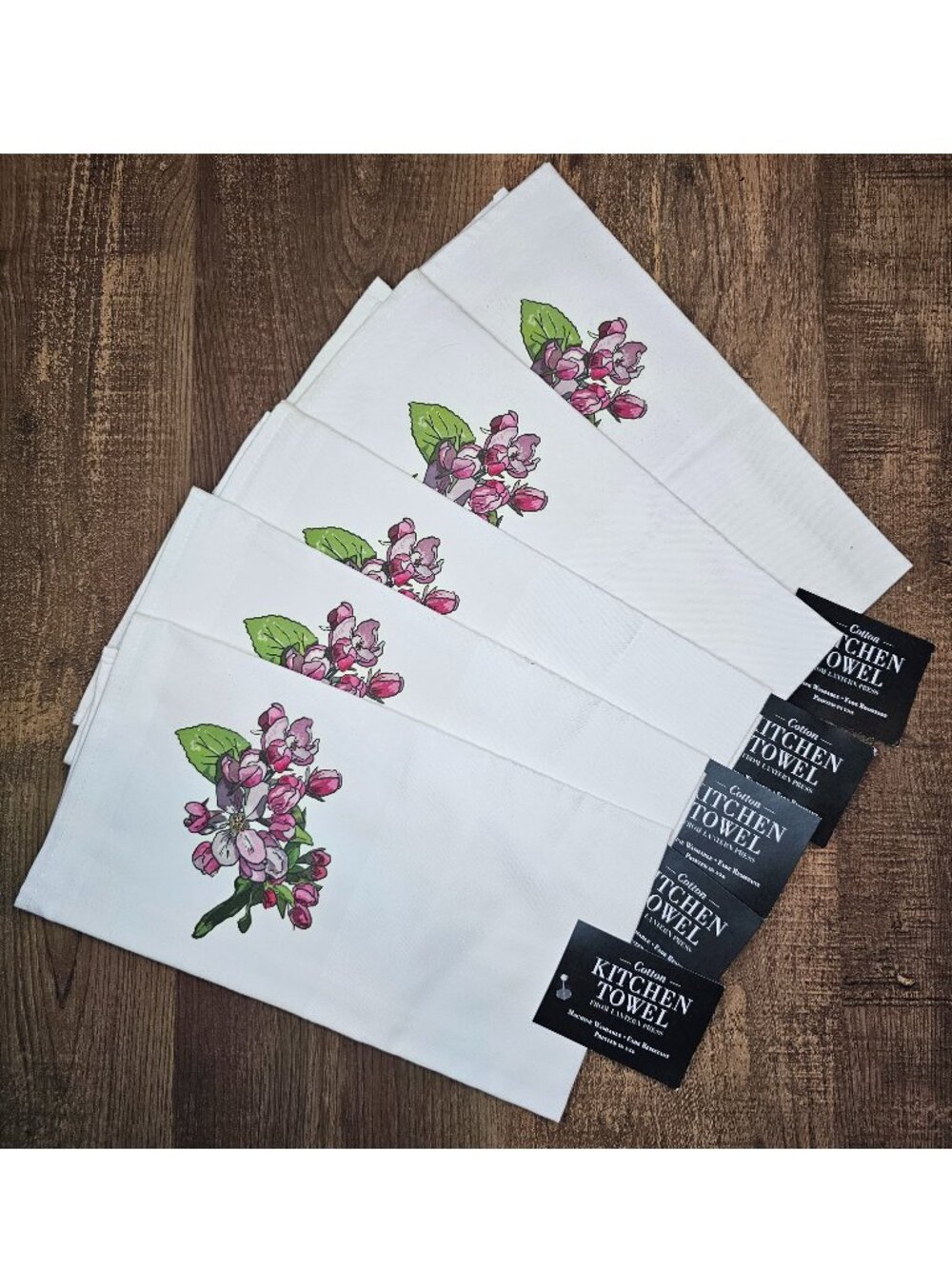 NWT 5PC Set Bundle Lantern Press 100% Cotton Floral Kitchen Towels Apple Blossom